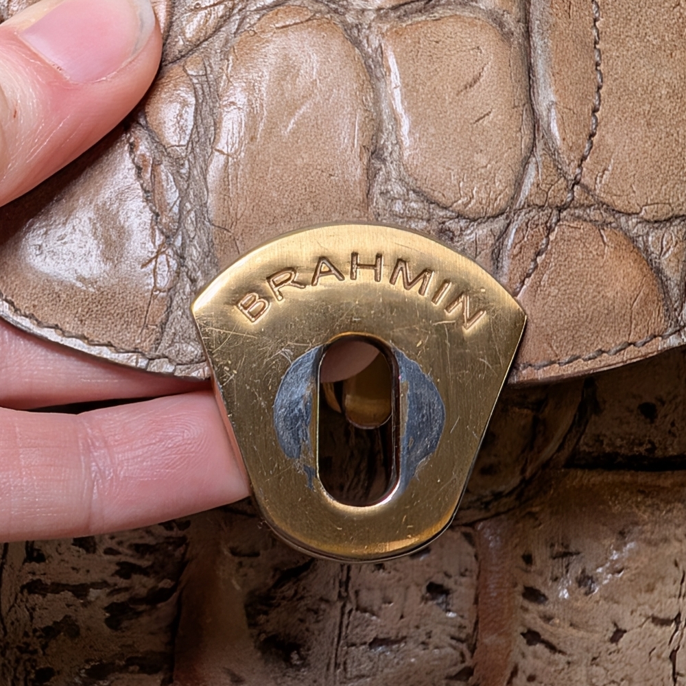 Vintage Brahmin Croc-Embossed Structured Leather Satchel | Beige | Gold Hardware - Picture 11 of 16